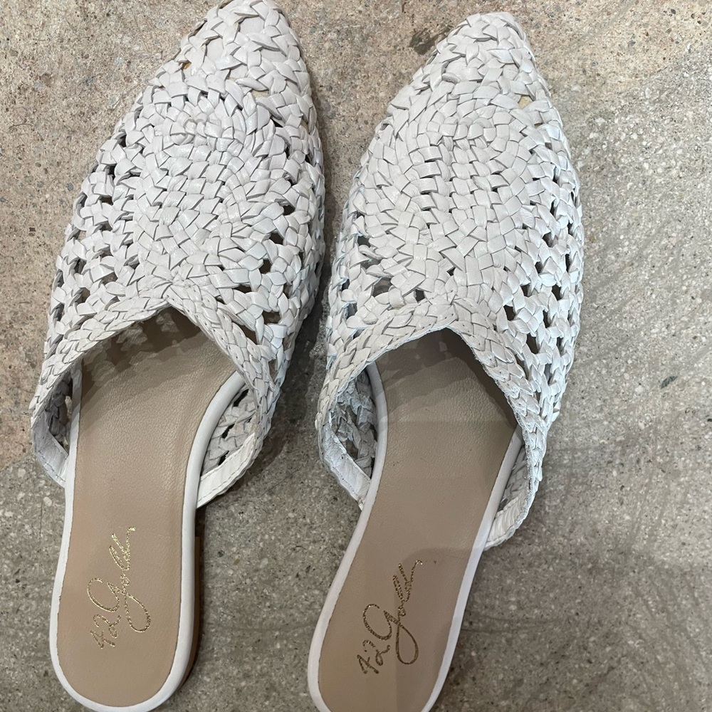 42 GOLD White Woven Genuine Leather Mules
